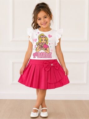 Barbie Girls White Graphic Tee & Hot Pink Skirt Set